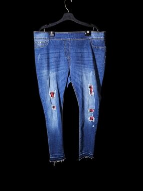 Coco + Carmen Distressed Skinny Jeans in Blue with Red Patch Detail